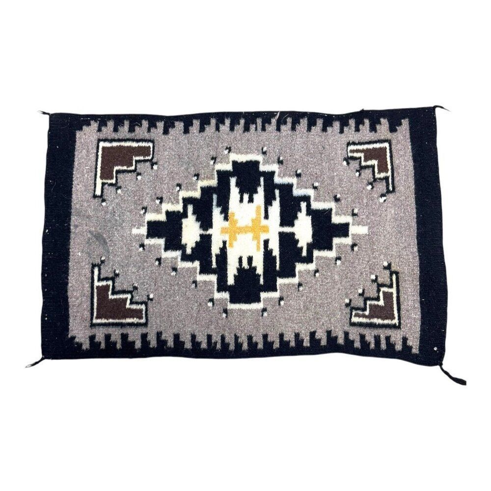 Vintage Handwoven Wool Southwestern Navajo Woven Rug 33"x21" Two Gray Hills READ